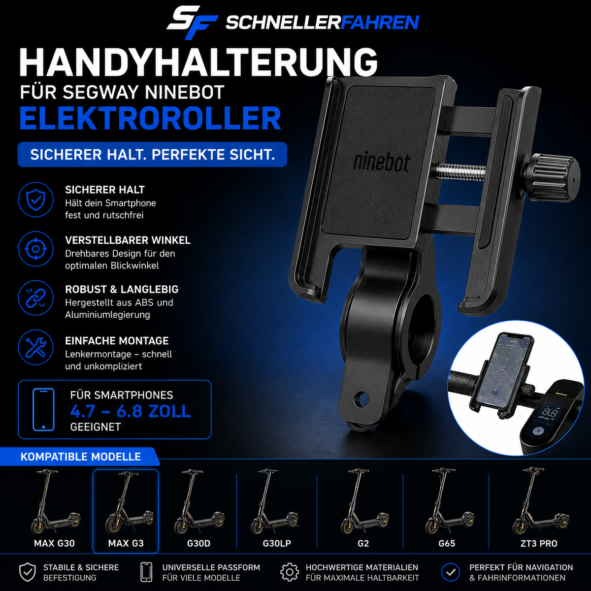 Handyhalterung für Ninebot MAX G3 / G30 / G2 / G65 / ZT3 Pro – Smartphone-Halterung